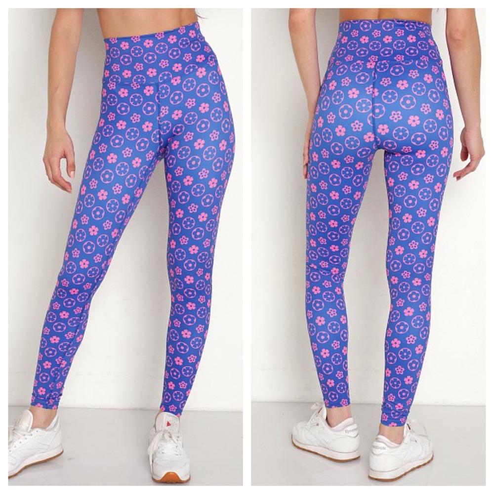Beach Riot Sport Blue Pink Floral High Waist Leggings Womens Small Made in USA